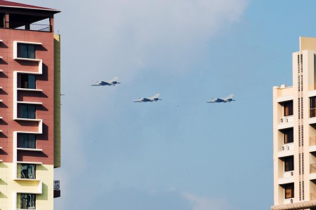 Low-flying Tanzania Air Force Command jets seen flying over Upanga on August 25. Photo: Daniel Hayduk